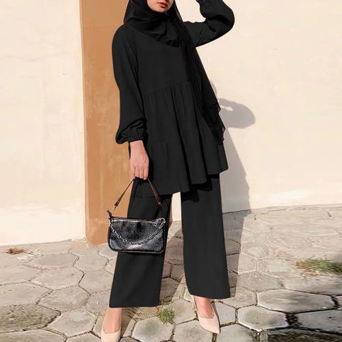 Ensembles Muslim Two Piece Set Women Blouse Wide Leg Pants Suit