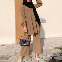 Ensembles Muslim Two Piece Set Women Blouse Wide Leg Pants Suit