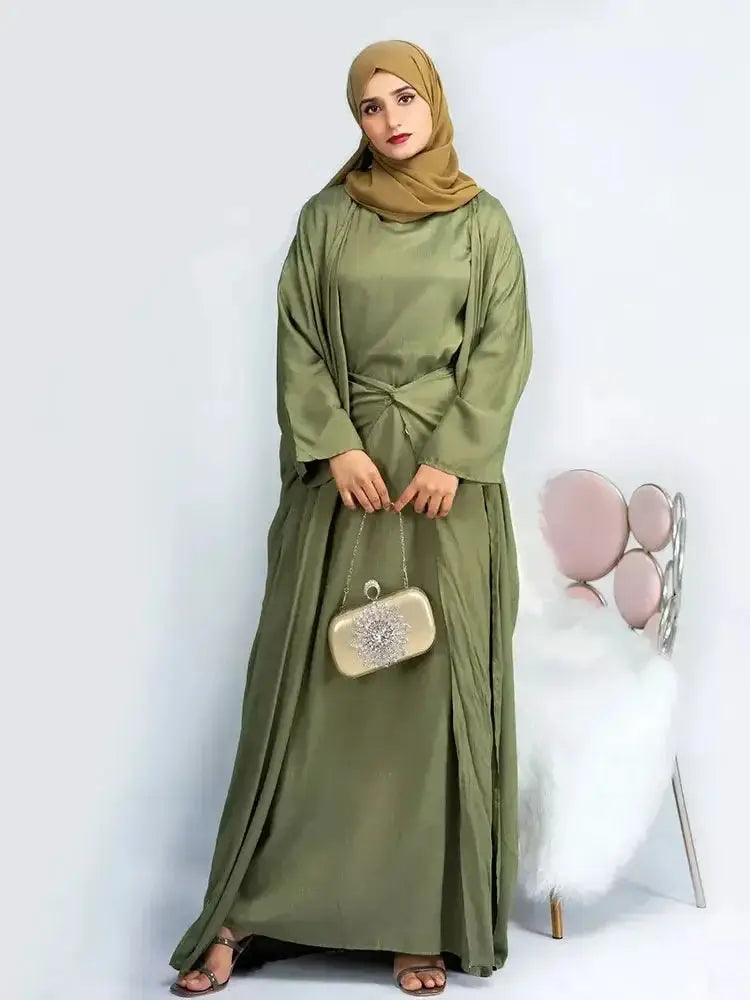 "3 Piece Abaya Kimono Matching Set Linen Open Abayas for Women