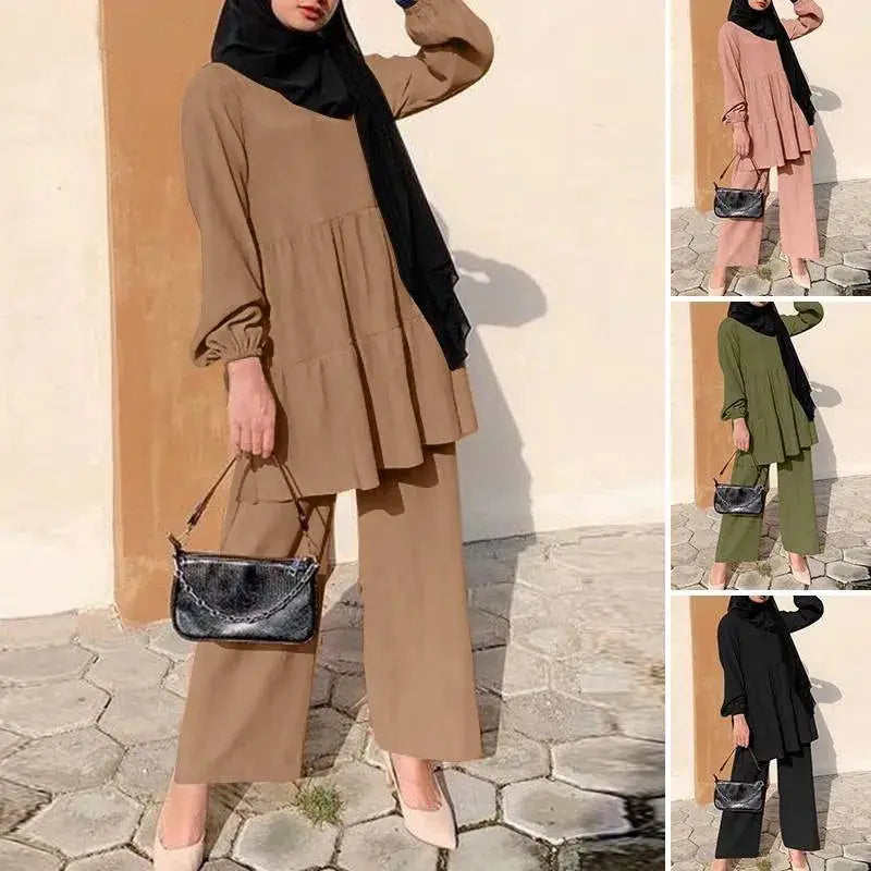 Ensembles Muslim Two Piece Set Women Blouse Wide Leg Pants Suit