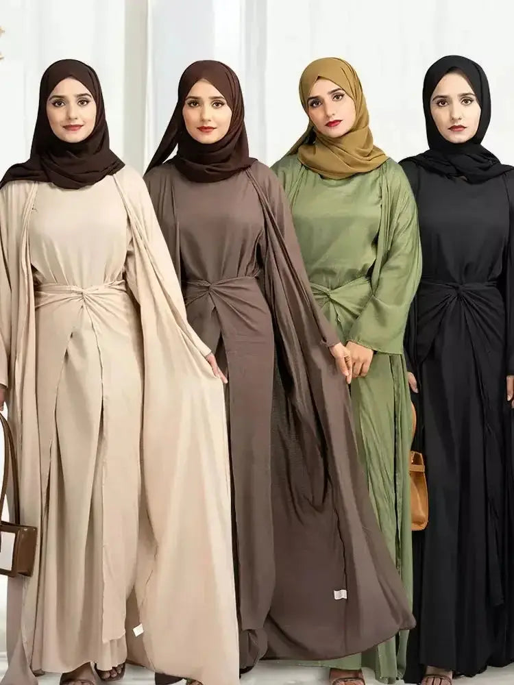 "3 Piece Abaya Kimono Matching Set Linen Open Abayas for Women