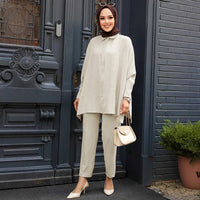 2 Piece Set for Muslim Women Long Sleeve Lace Up Tops and Pants Sets