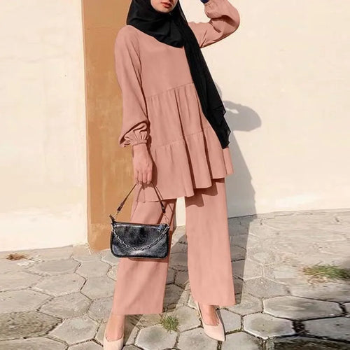 Ensembles Muslim Two Piece Set Women Blouse Wide Leg Pants Suit