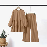 Ensembles Muslim Two Piece Set Women Blouse Wide Leg Pants Suit