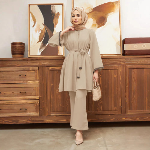 2 Piece Set for Muslim Women Long Sleeve Lace Up Tops and Pants Sets