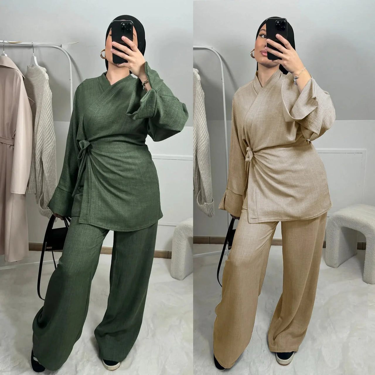 Two Piece Set Women Muslim Blouse Lace Up Wide Leg Pants Suit Eid