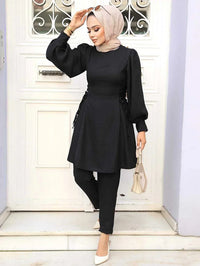 2 Piece Set for Muslim Women Long Sleeve Lace Up Tops and Pants Sets