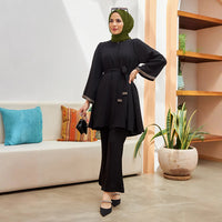 2 Piece Set for Muslim Women Long Sleeve Lace Up Tops and Pants Sets