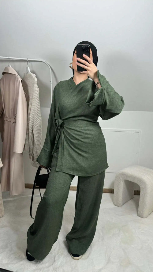 Two Piece Set Women Muslim Blouse Lace Up Wide Leg Pants Suit Eid