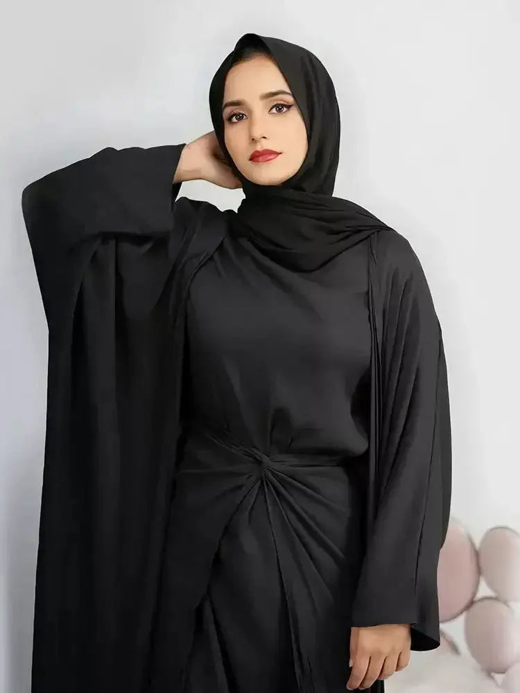 "3 Piece Abaya Kimono Matching Set Linen Open Abayas for Women