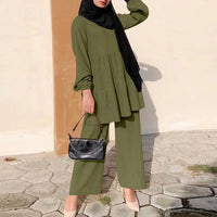 Ensembles Muslim Two Piece Set Women Blouse Wide Leg Pants Suit