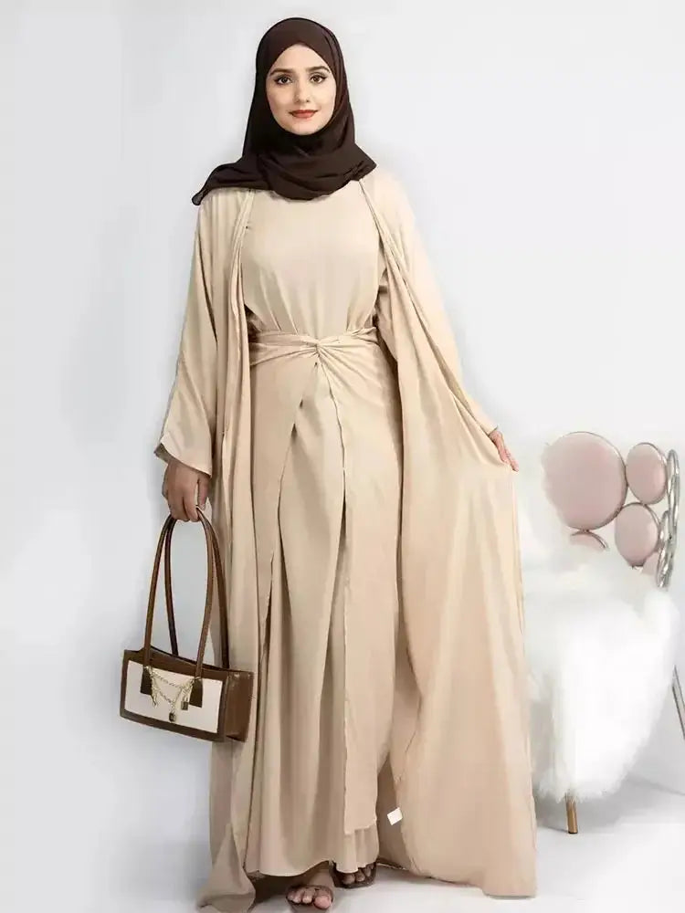 "3 Piece Abaya Kimono Matching Set Linen Open Abayas for Women