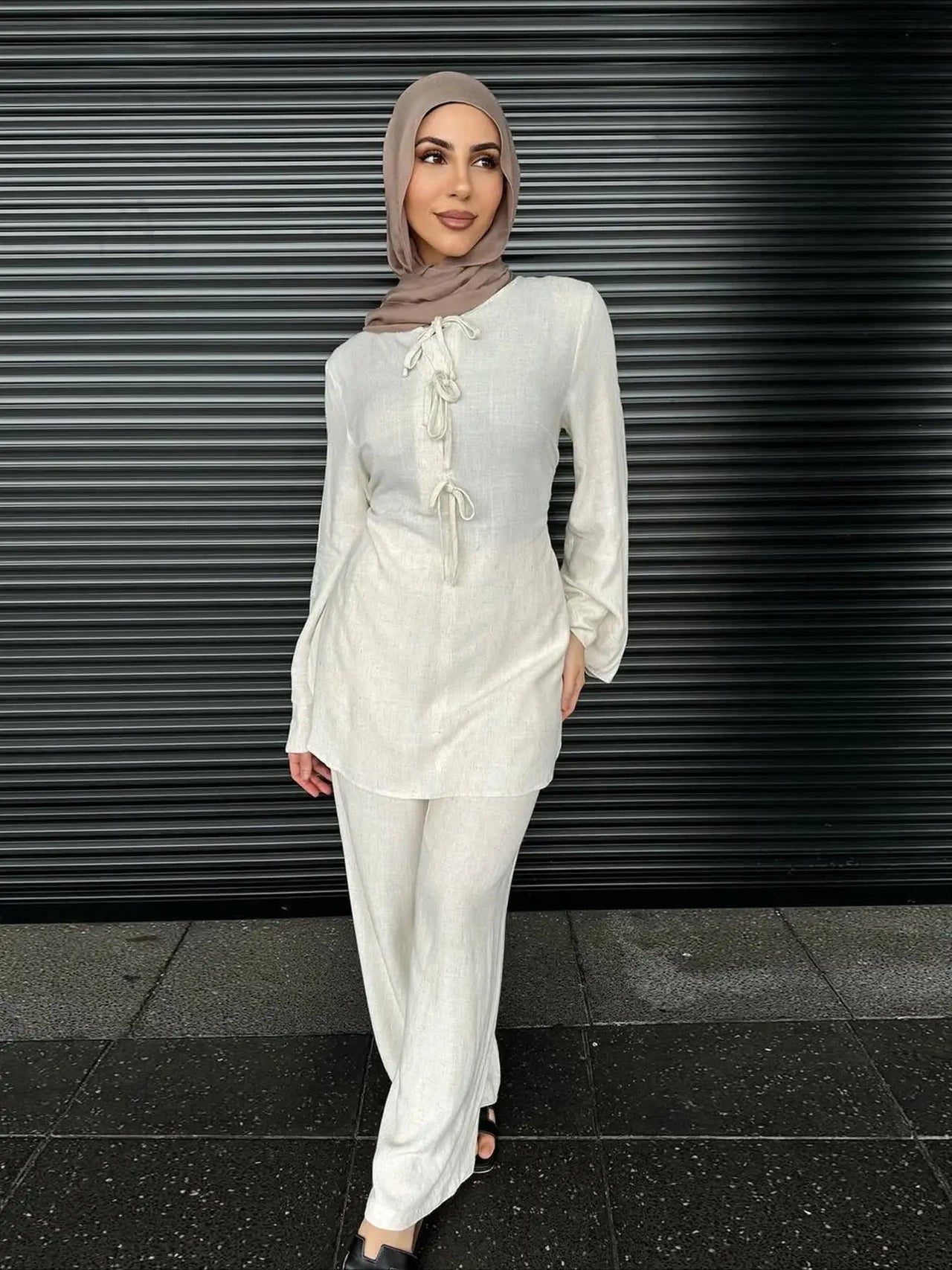 Ramadan Two Piece Sets Tops and Pants Women Muslim Abaya Bow Shirt