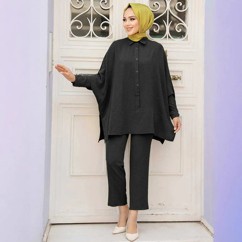 2 Piece Set for Muslim Women Long Sleeve Lace Up Tops and Pants Sets