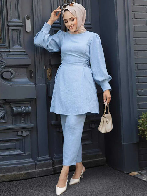 2 Piece Set for Muslim Women Long Sleeve Lace Up Tops and Pants Sets