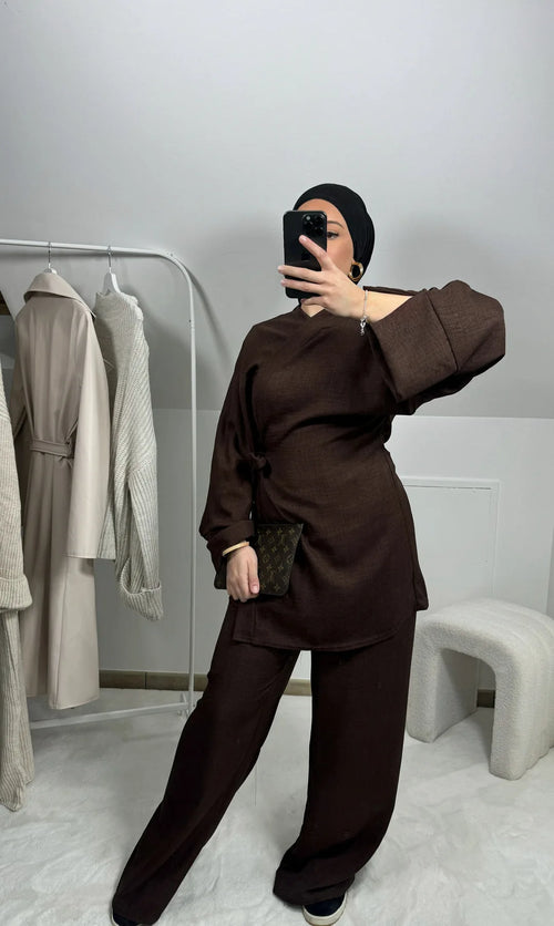 Two Piece Set Women Muslim Blouse Lace Up Wide Leg Pants Suit Eid