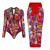 Tropical Print Long Sleeve Swim Set – Modest & Vibrant Beachwear
