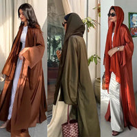 Open Abaya Arabic Long Dress Women Shiny Satin Diamonds Eid Ramadan