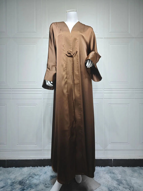 Open Abaya Arabic Long Dress Women Shiny Satin Diamonds Eid Ramadan