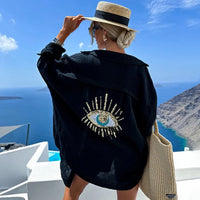 Evil Eye Sequin Beaded Loose Shirt – Summer Long Sleeve Top