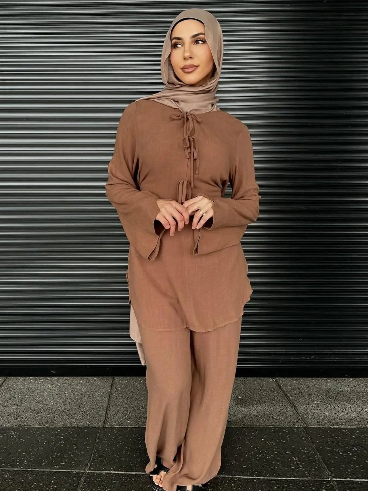 Ramadan Two Piece Sets Tops and Pants Women Muslim Abaya Bow Shirt