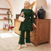 2 Piece Set for Muslim Women Long Sleeve Lace Up Tops and Pants Sets