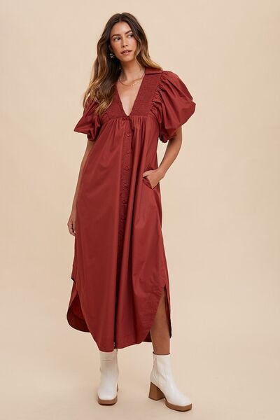 Annie Wear Smocked Puff Sleeve Midi Dress - Flattering Midi Dress Women - Modestly Vogue 