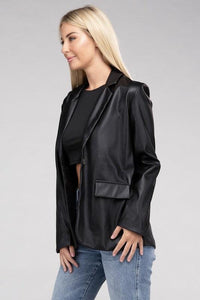 Sleek Pu Leather Blazer with Front Closure - Modestly Vogue 