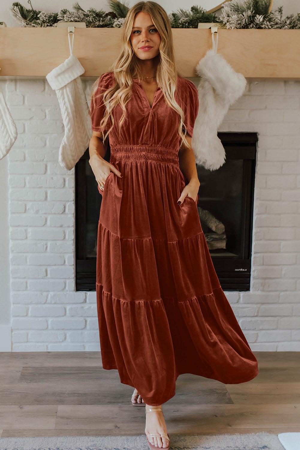 Chestnut Velvet Short Sleeve Shirred Waist Tiered Maxi Dress - Modestly Vogue 