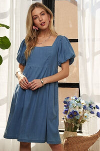 Denim ADORA Square Neck Puff Sleeve Dress - Modestly Vogue 