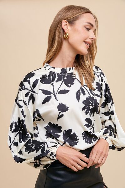 Annie Wear Frill Printed Balloon Sleeve Blouse - Modestly Vogue 