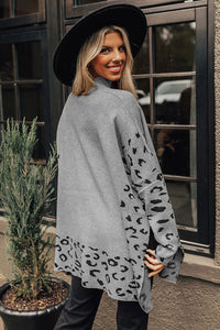 Gray Leopard High Neck Side Slit Oversized Sweater - Modestly Vogue 