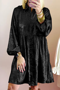 Black Metallic Sheen Puff Sleeve Button Up Mini Shirt Dress - Modestly Vogue 