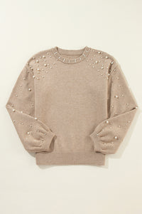 Smoke Gray Pearled Drop Shoulder Round Neck Sweater - Modestly Vogue 