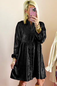 Black Metallic Sheen Puff Sleeve Button Up Mini Shirt Dress - Modestly Vogue 