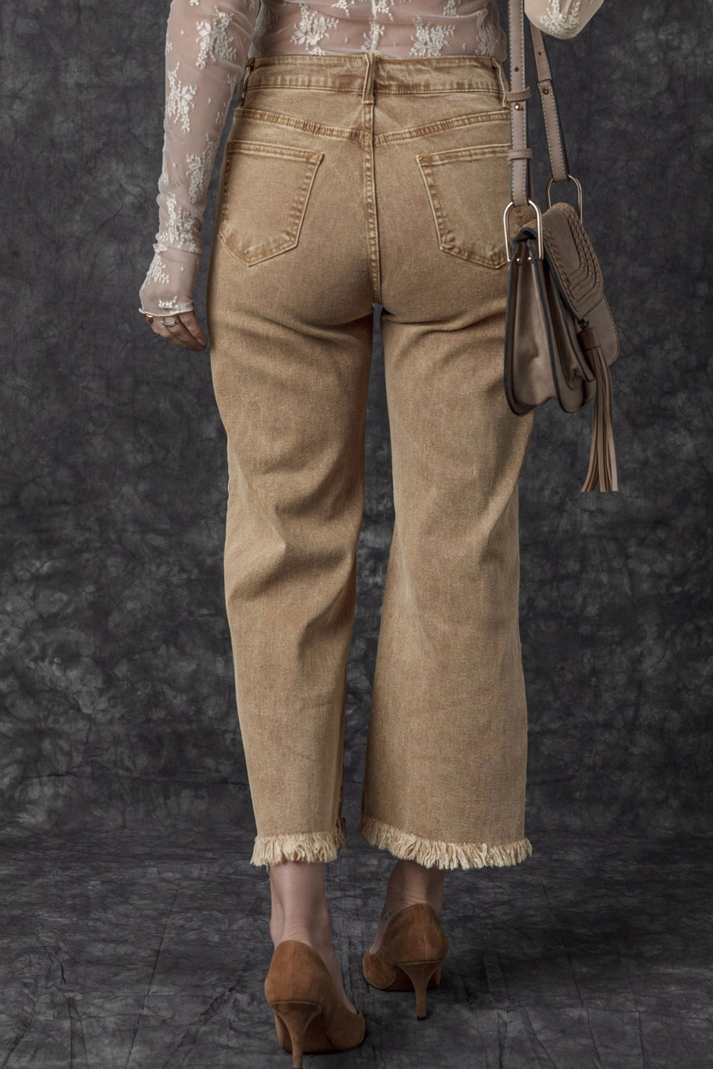 Denim Light French Beige Acid Washed High Rise Cropped Wide Leg - Modestly Vogue 