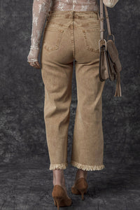 Denim Light French Beige Acid Washed High Rise Cropped Wide Leg - Modestly Vogue 