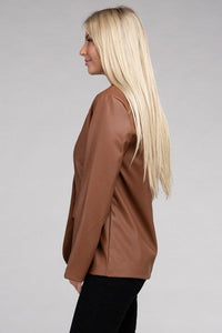 Sleek Pu Leather Blazer with Front Closure - Modestly Vogue 