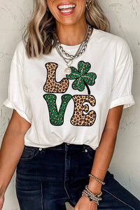 White Cheetah Clover LOVE Graphic St. Patricks Crewneck Tee - Modestly Vogue 