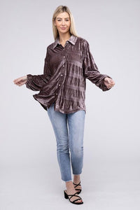 Tops Blouses Women – Blouses | Wrinkle Effect Tiered Shirring Velvet Shirt - Modestly Vogue 