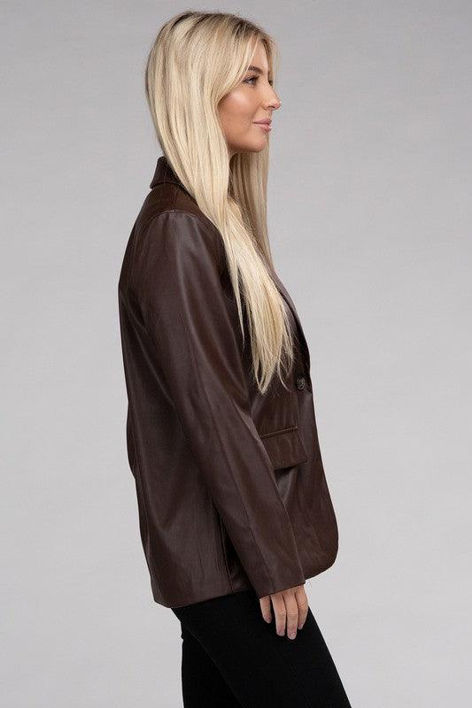 Sleek Pu Leather Blazer with Front Closure - Modestly Vogue 