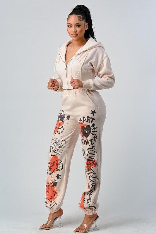 Athina Casual Jacket and Graphic Pants Set - Modern Beige Two-Piece Outfit - Modestly Vogue 