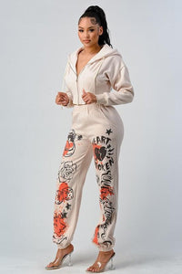 Athina Casual Jacket and Graphic Pants Set - Modern Beige Two-Piece Outfit - Modestly Vogue 