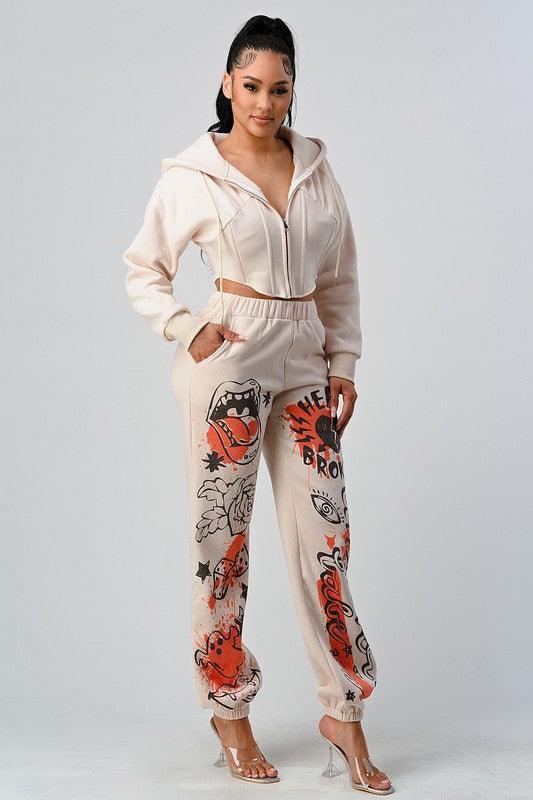 Athina Casual Jacket and Graphic Pants Set - Modern Beige Two-Piece Outfit - Modestly Vogue 