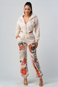 Athina Casual Jacket and Graphic Pants Set - Modern Beige Two-Piece Outfit - Modestly Vogue 