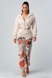 Athina Casual Jacket and Graphic Pants Set - Modern Beige Two-Piece Outfit - Modestly Vogue 