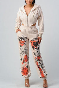 Athina Casual Jacket and Graphic Pants Set - Modern Beige Two-Piece Outfit - Modestly Vogue 