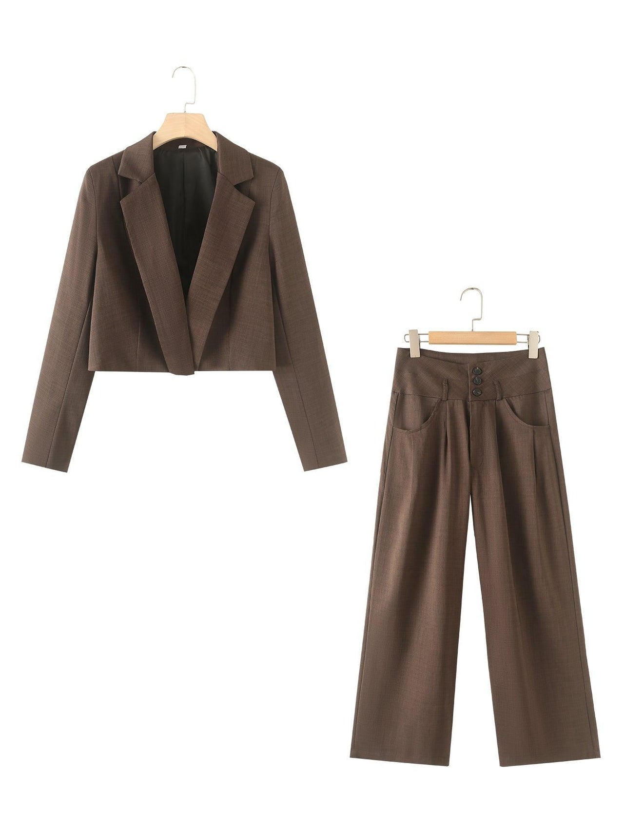 Autumn Solid Color Long Sleeve Short Blazer Pleated Casual Trousers Suit Women - Modestly Vogue 