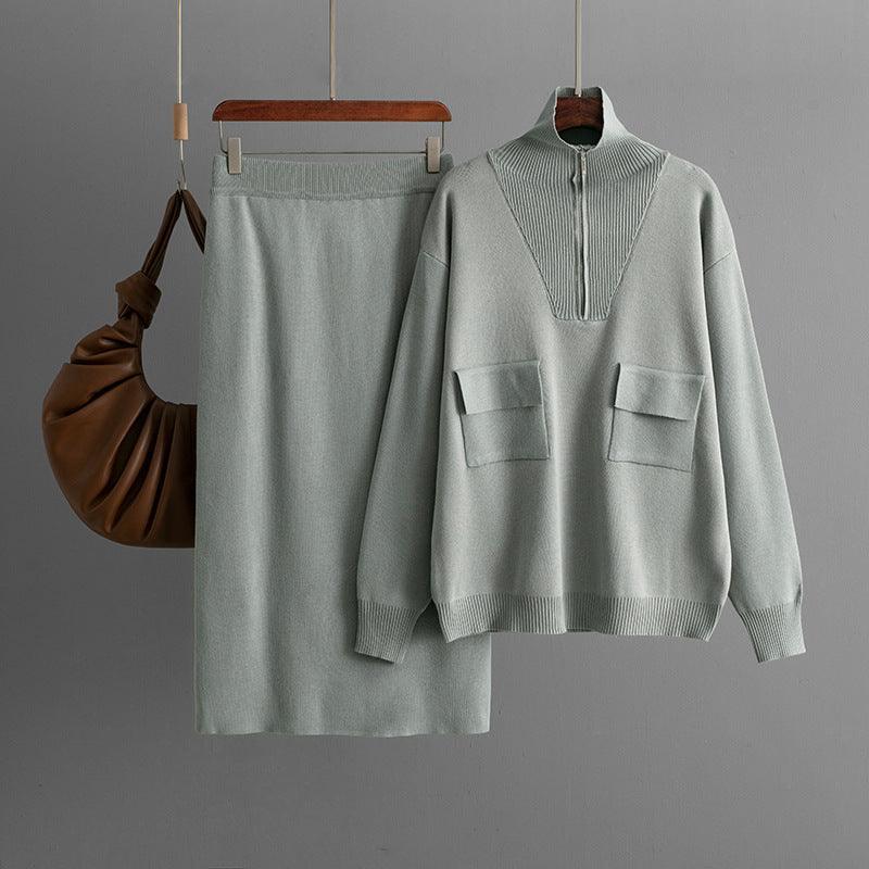 Autumn Winter Solid Color Polo Collar Half Zipper Knitted Top Wrapped Skirt Two Piece Set - Modestly Vogue 