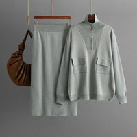 Autumn Winter Solid Color Polo Collar Half Zipper Knitted Top Wrapped Skirt Two Piece Set - Modestly Vogue 